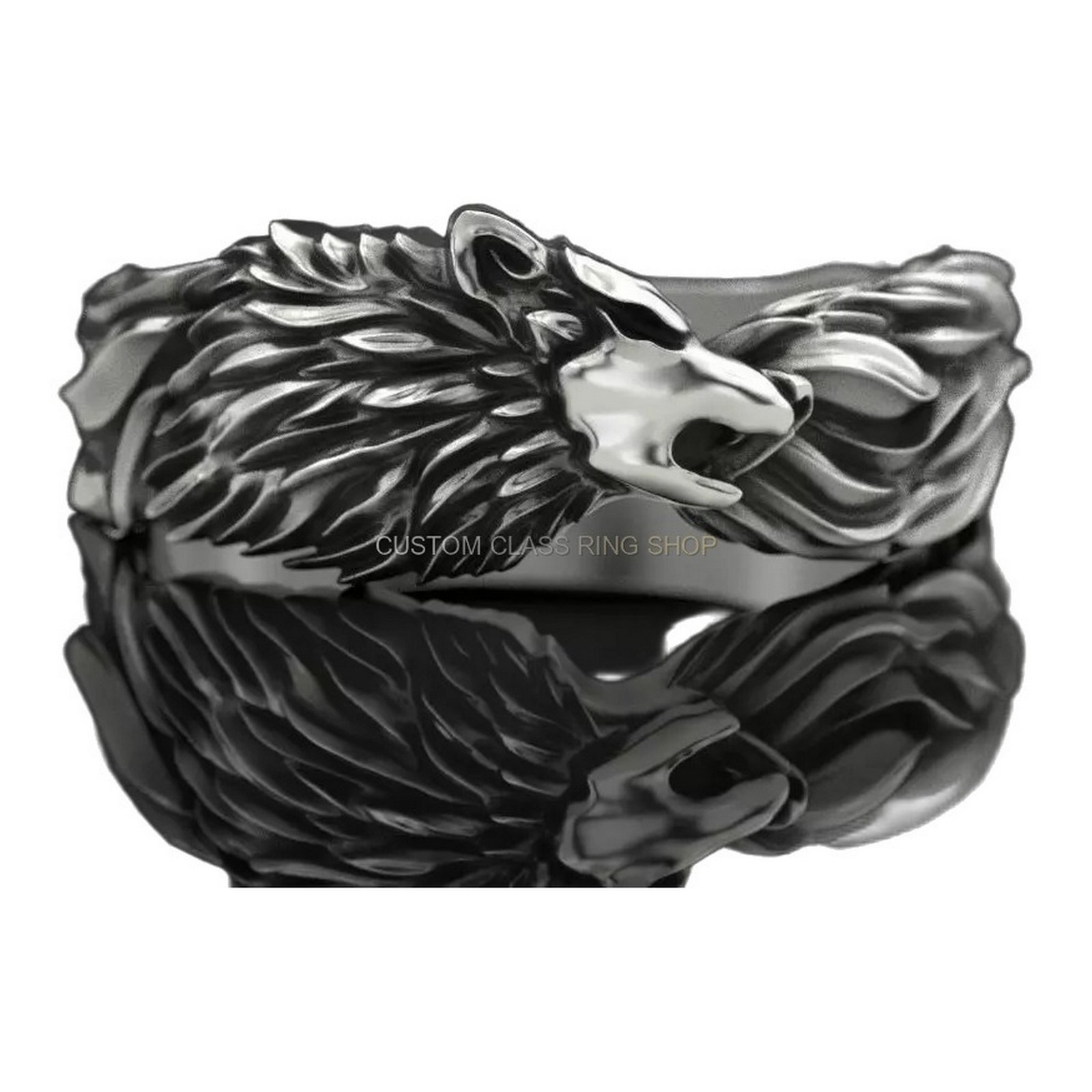 Mens oxidized sterling silver wolf ring with dual wolf heads and flowing mane detailing