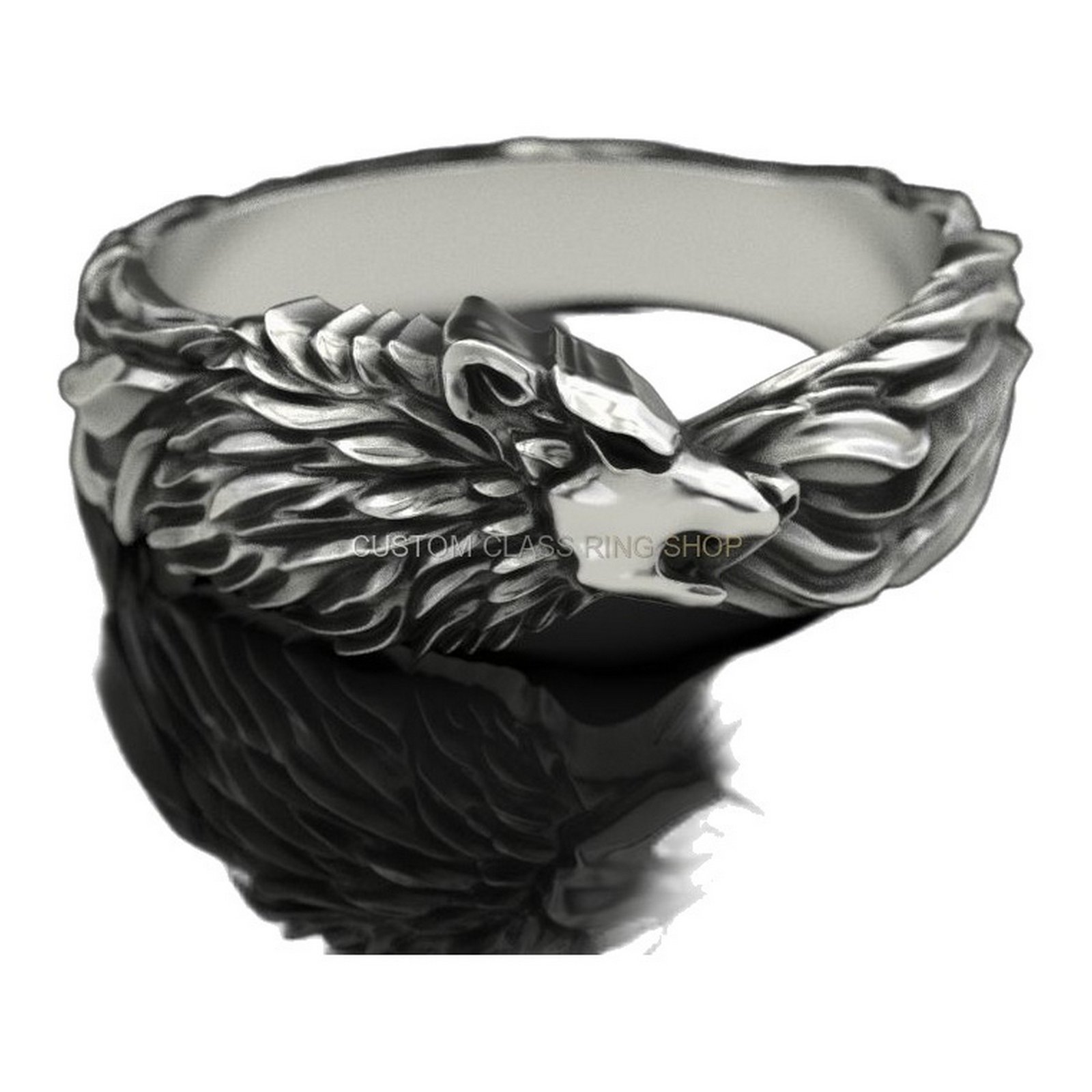 Mens oxidized sterling silver wolf ring with dual wolf heads and flowing mane detailing