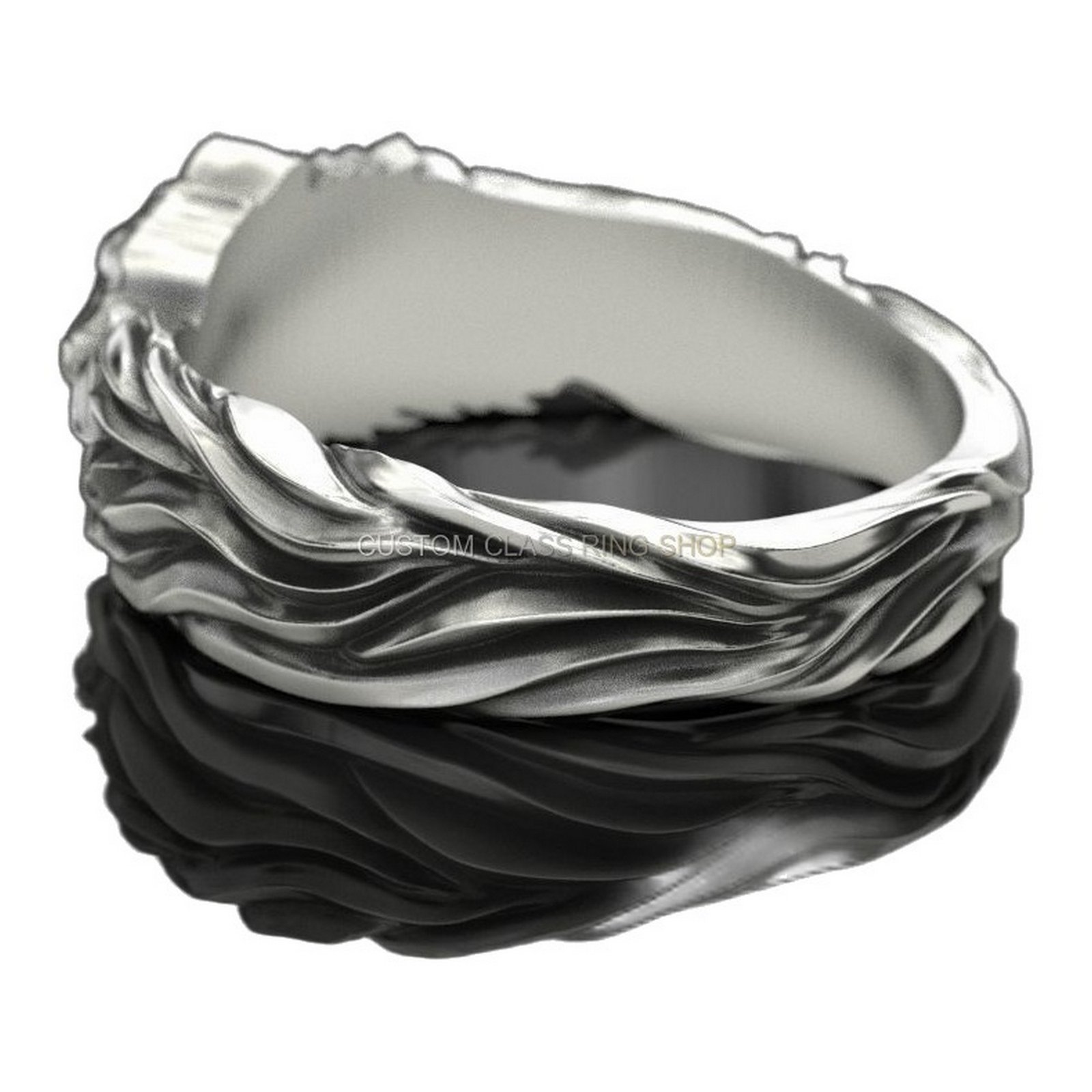 Mens oxidized sterling silver wolf ring with dual wolf heads and flowing mane detailing