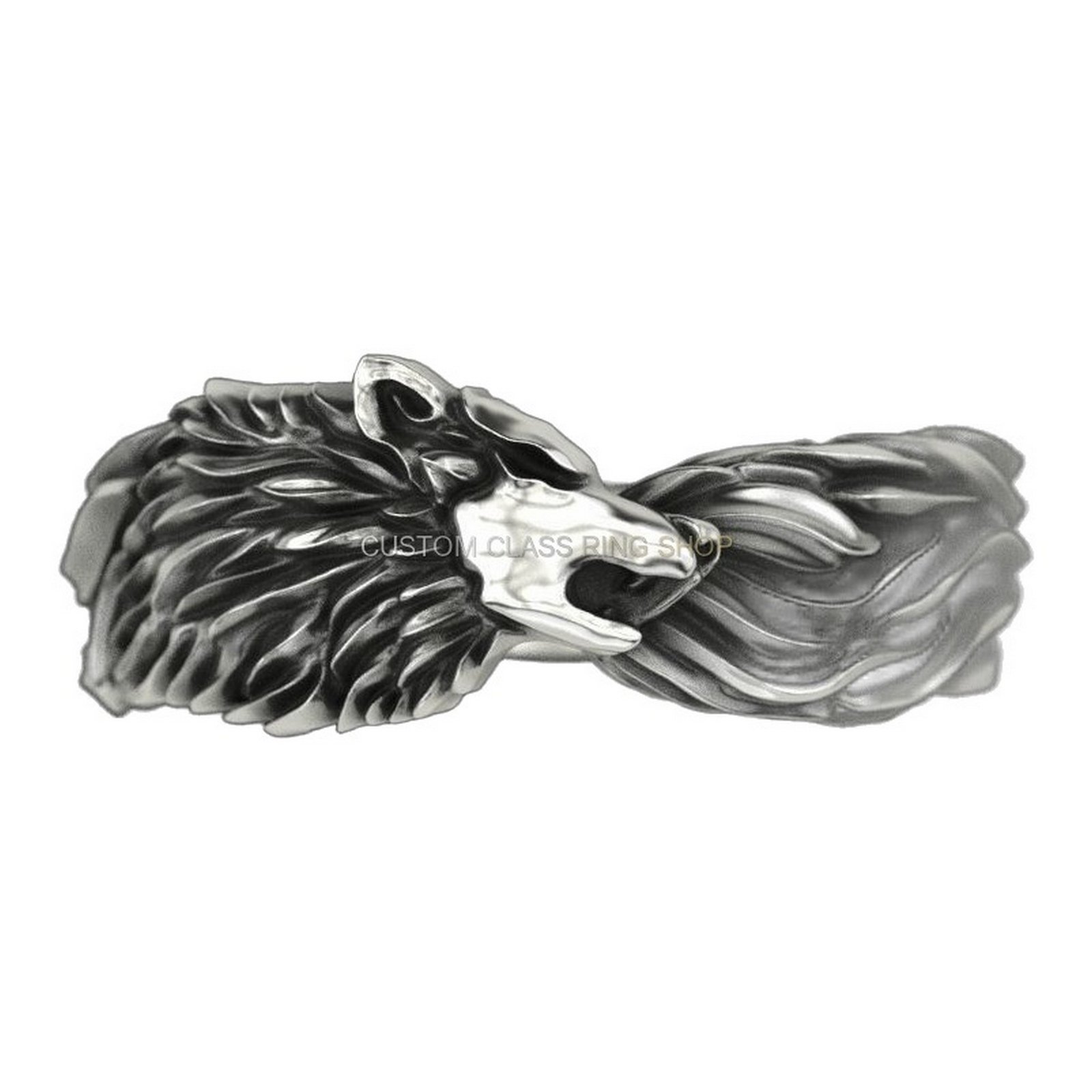 Mens oxidized sterling silver wolf ring with dual wolf heads and flowing mane detailing