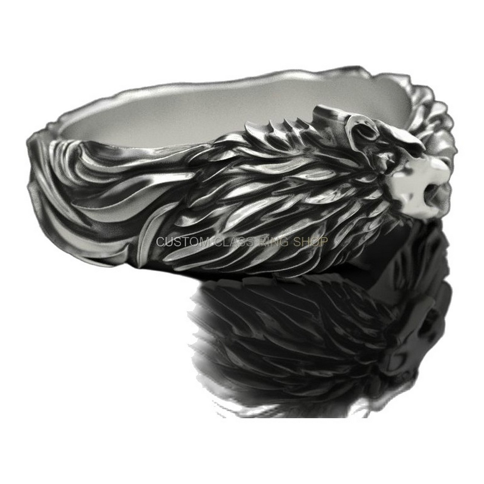 Mens oxidized sterling silver wolf ring with dual wolf heads and flowing mane detailing