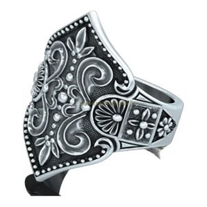 Women's sterling silver antique statement ring with scrollwork