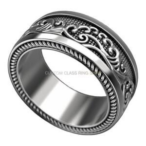 Sterling silver ornamental waves statement ring with twisted rope border