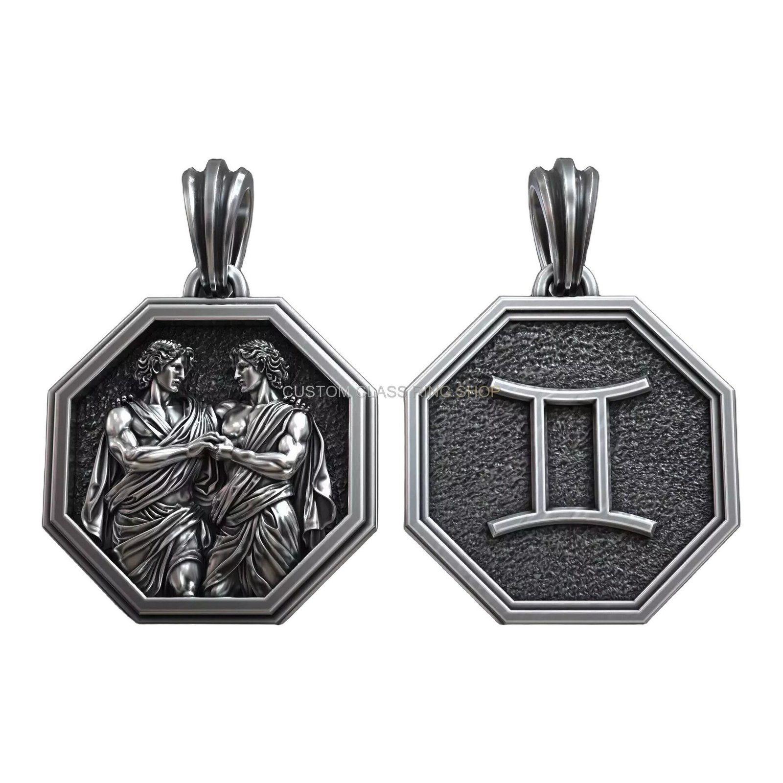Zodiac astrology sterling silver pendant collection, gemini twins pendant obverse and reverse