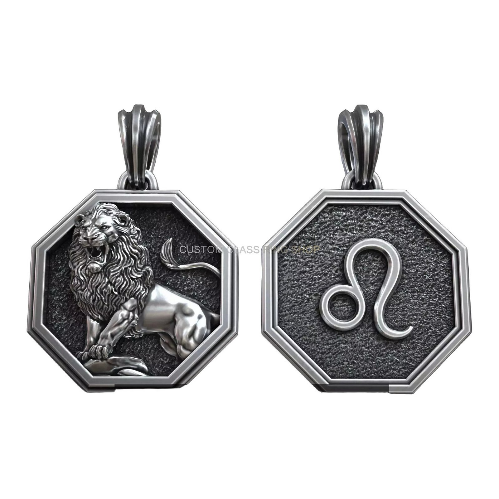 Zodiac astrology sterling silver pendant collection, leo lion pendant obverse and reverse
