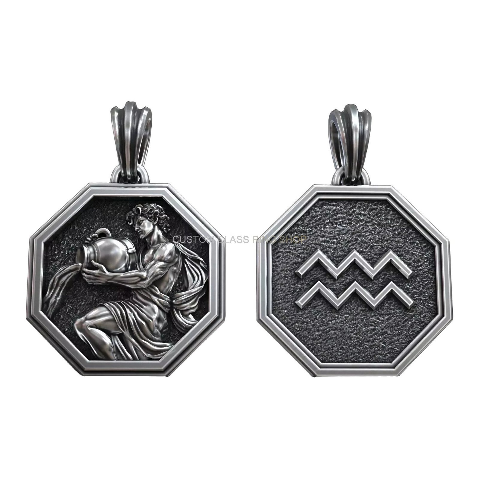 Zodiac astrology sterling silver pendant collection, aquarius water bearer pendant obverse and reverse