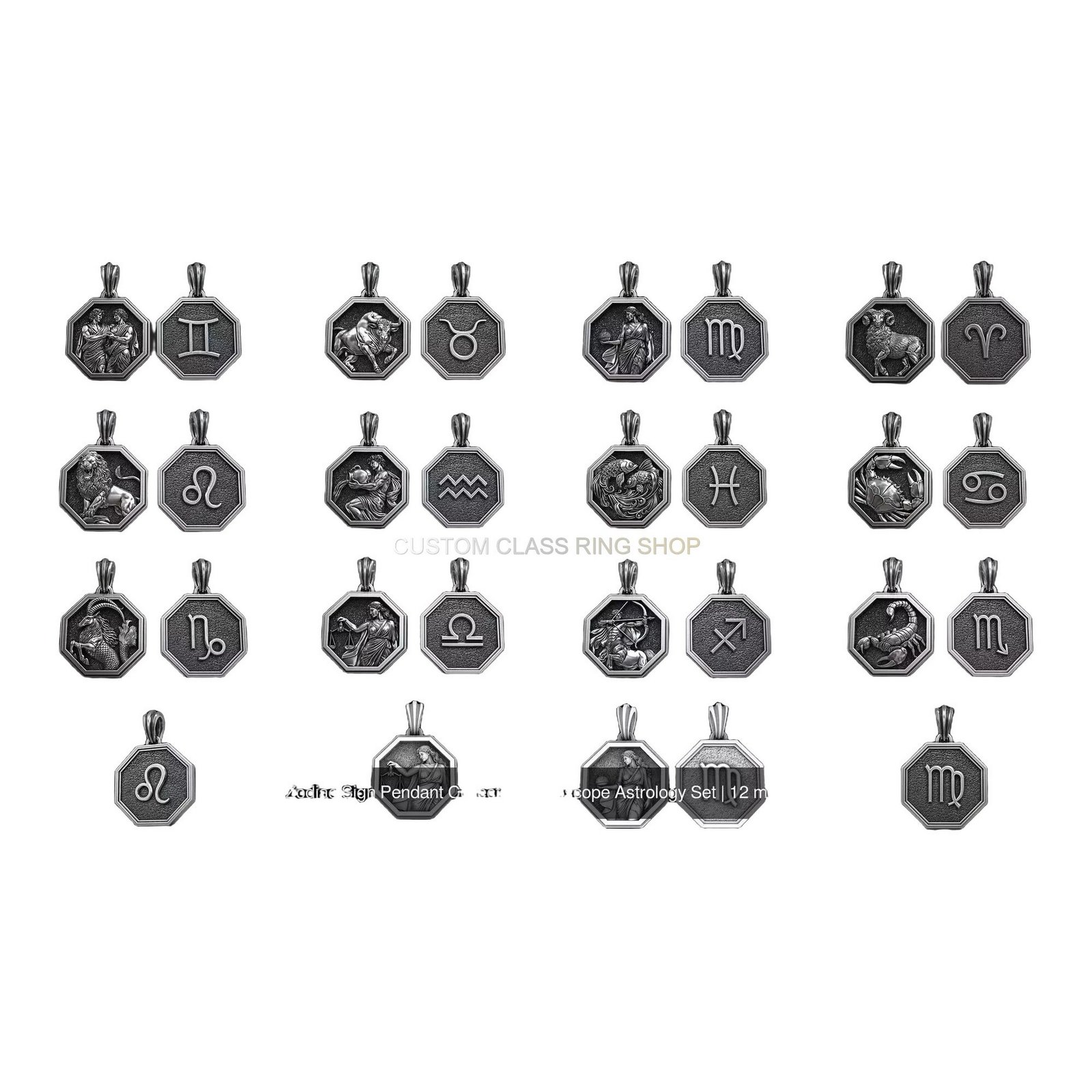 Zodiac astrology sterling silver pendant collection, libra scales pendant obverse and reverse