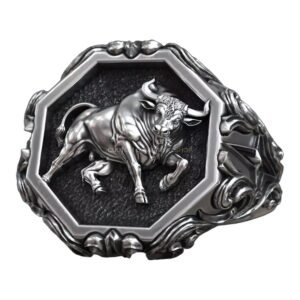 Taurus zodiac sterling silver signet ring with baroque scrollwork