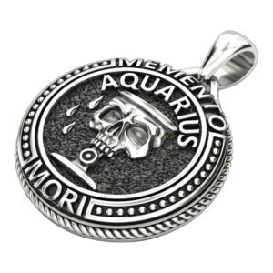 Unisex sterling silver aquarius skull pendant with oxidized finish and beaded border