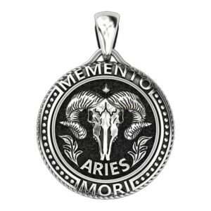 Unisex sterling silver aries pendant with oxidized ram head and beaded border