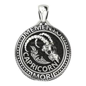 Unisex sterling silver capricorn pendant with goat head and beaded frame