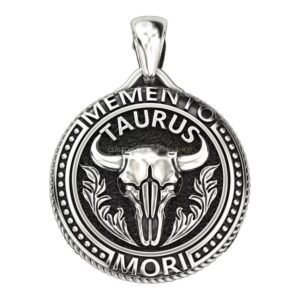 Unisex sterling silver Taurus pendant with oxidized bull skull and acanthus leaf frame