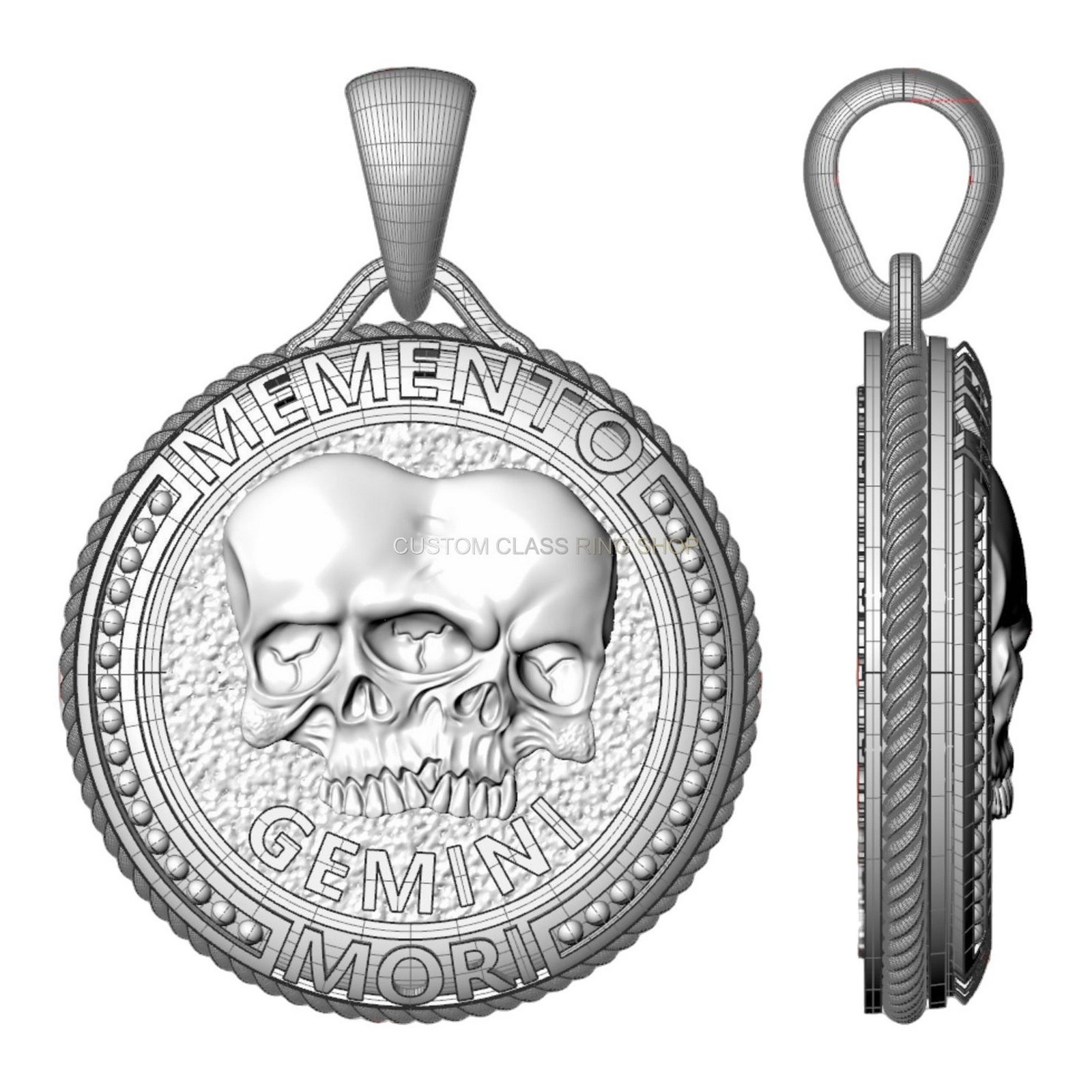 Unisex sterling silver gemini skull pendant with dual-skull design and beaded border