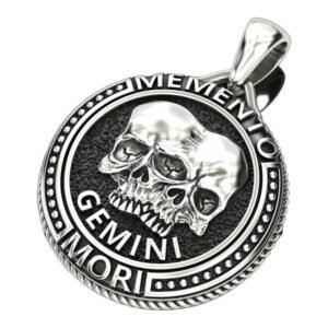 Unisex sterling silver gemini skull pendant with dual-skull design and beaded border