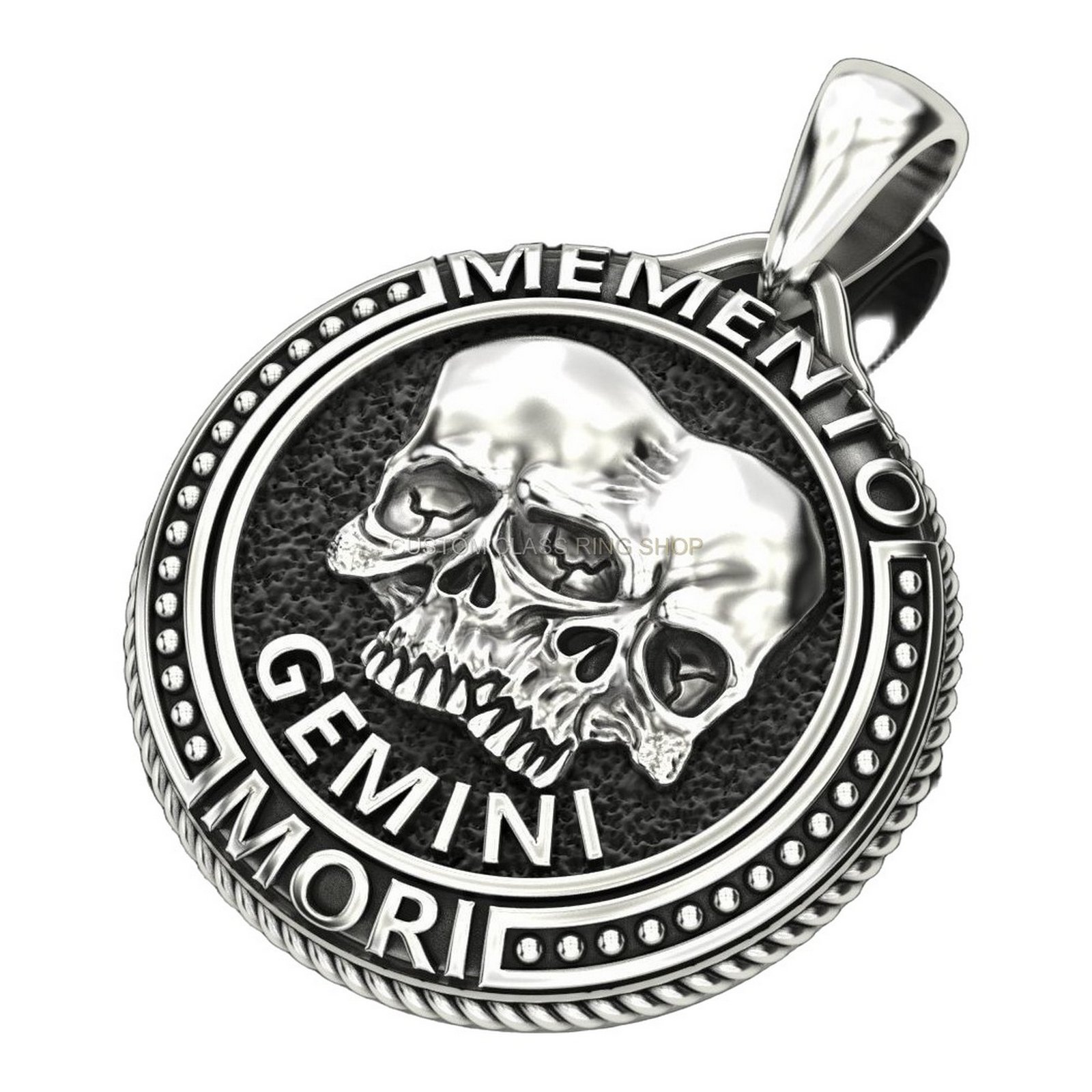 Unisex sterling silver gemini skull pendant with dual-skull design and beaded border