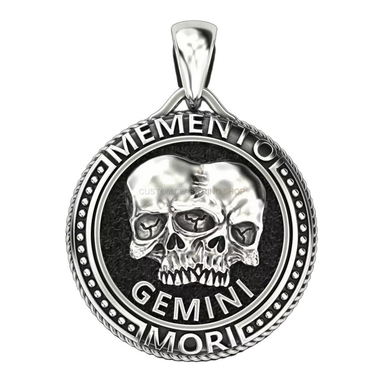 Unisex sterling silver gemini skull pendant with dual-skull design and beaded border