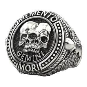 Mens oxidized silver gemini skull ring with beaded frame and feather side engravings