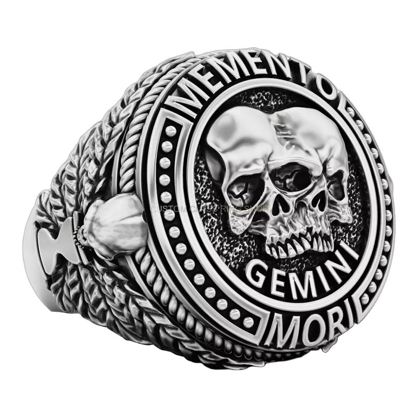 Mens oxidized silver gemini skull ring with beaded frame and feather side engravings