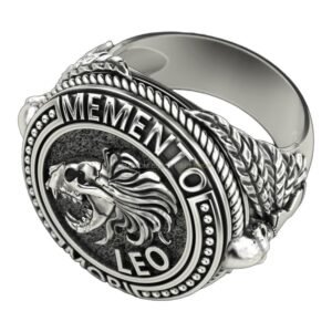 Mens sterling silver leo signet ring with roaring lion head and ornate shoulders