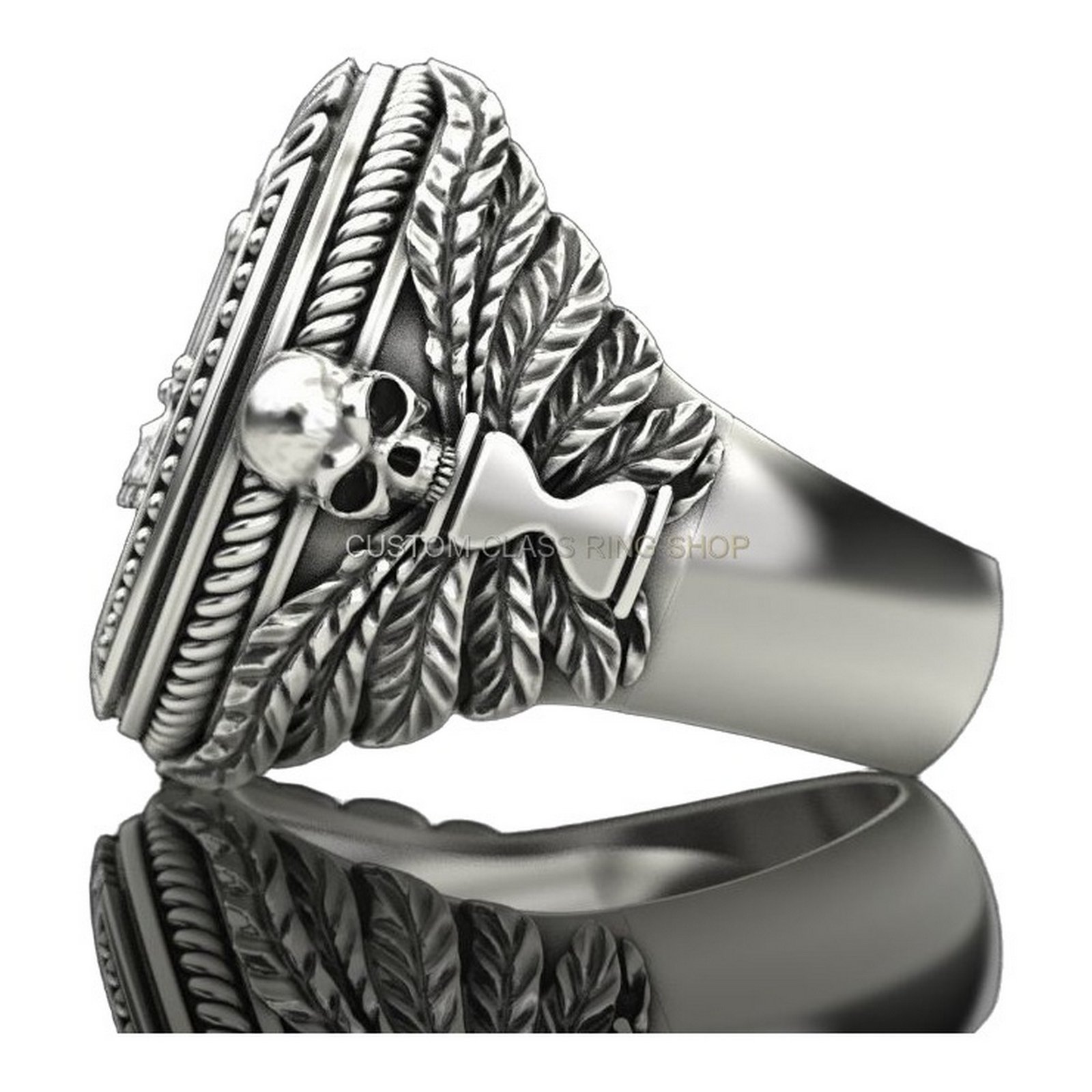 Mens 925 silver libra skull ring with scales and feathered wings, oxidized antique finish