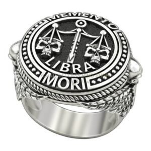 Mens 925 silver libra skull ring with scales and feathered wings, oxidized antique finish