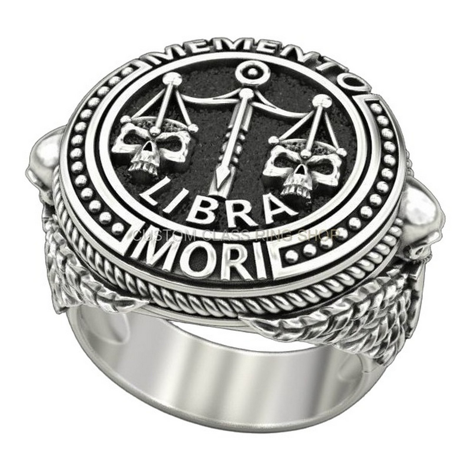 Mens 925 silver libra skull ring with scales and feathered wings, oxidized antique finish