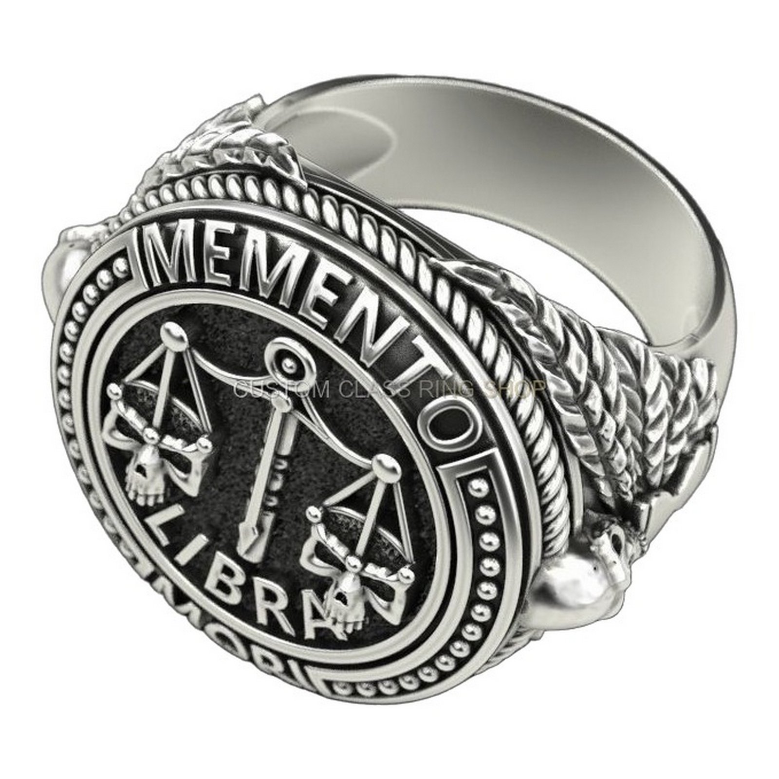Mens 925 silver libra skull ring with scales and feathered wings, oxidized antique finish