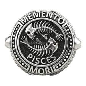 Mens sterling silver pisces signet ring with oxidized dual fish design and beaded border