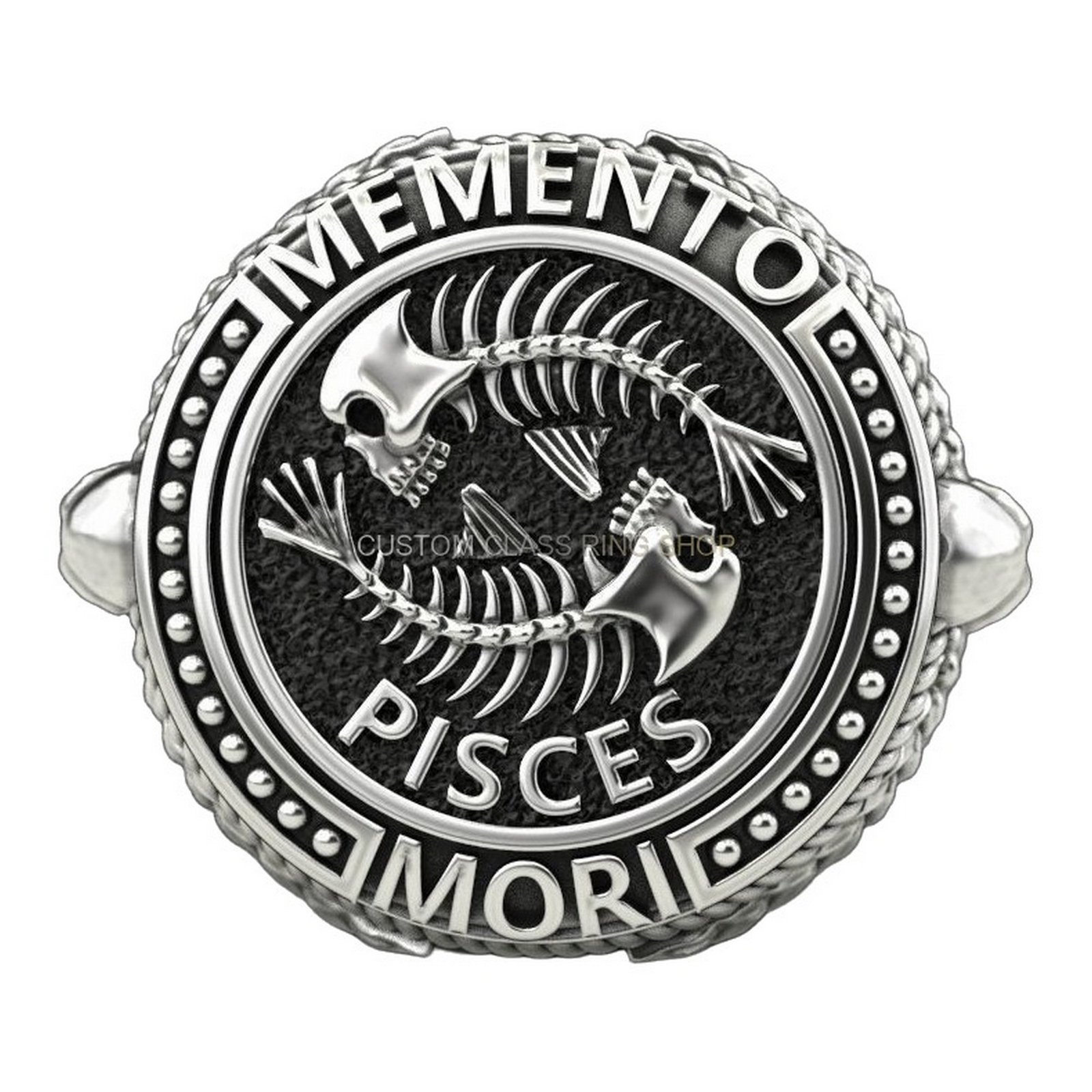 Mens sterling silver pisces signet ring with oxidized dual fish design and beaded border