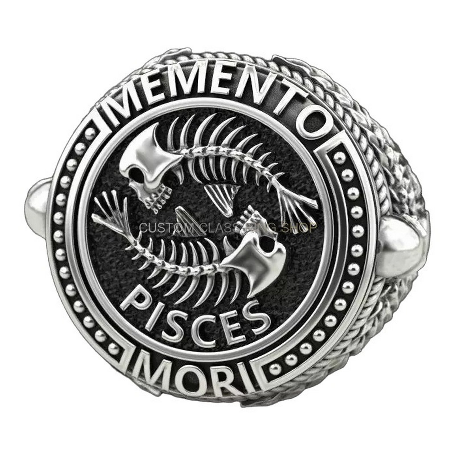 Mens sterling silver pisces signet ring with oxidized dual fish design and beaded border