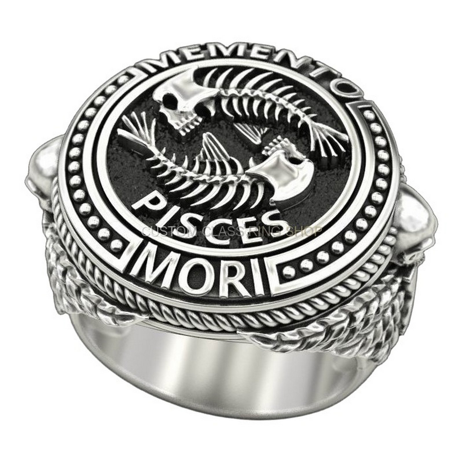Mens sterling silver pisces signet ring with oxidized dual fish design and beaded border