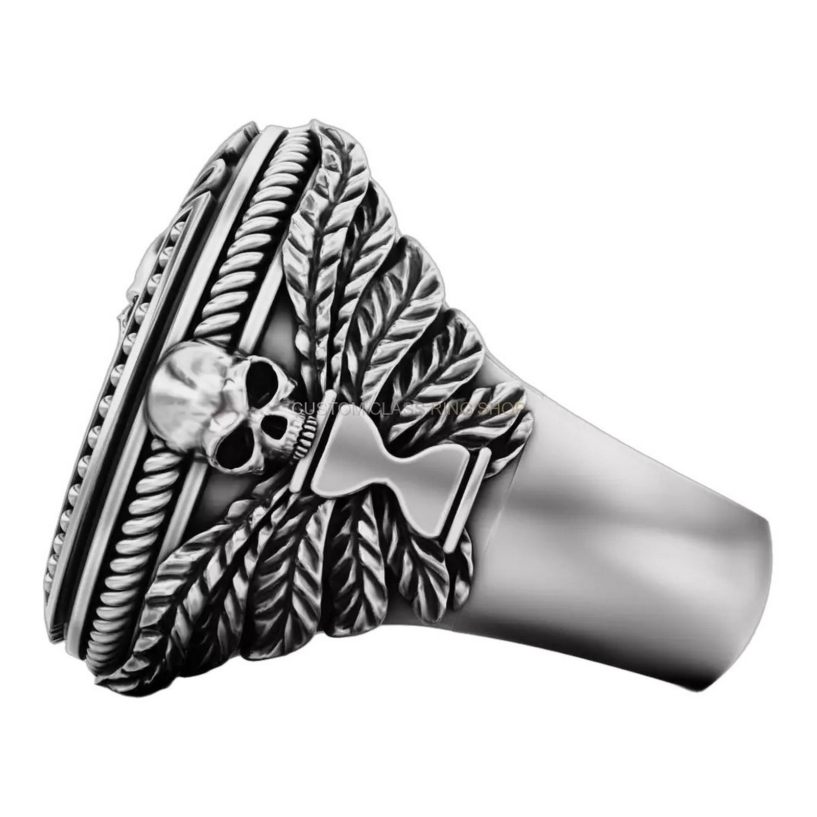 Men's sterling silver sagittarius skull ring with oxidized antique finish and rope border detail