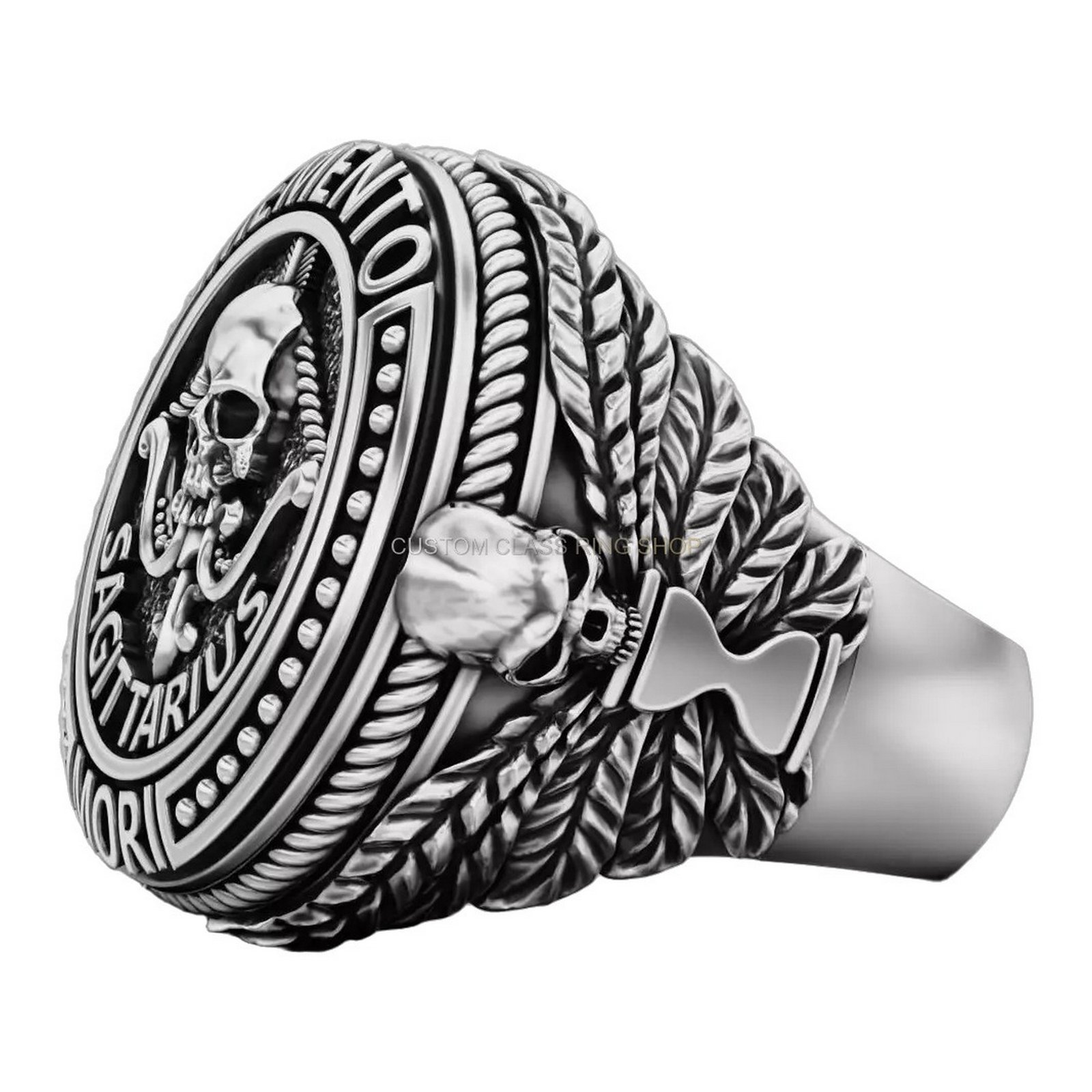 Men's sterling silver sagittarius skull ring with oxidized antique finish and rope border detail