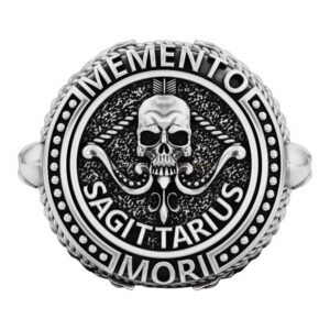 Men's sterling silver sagittarius skull ring with oxidized antique finish and rope border detail
