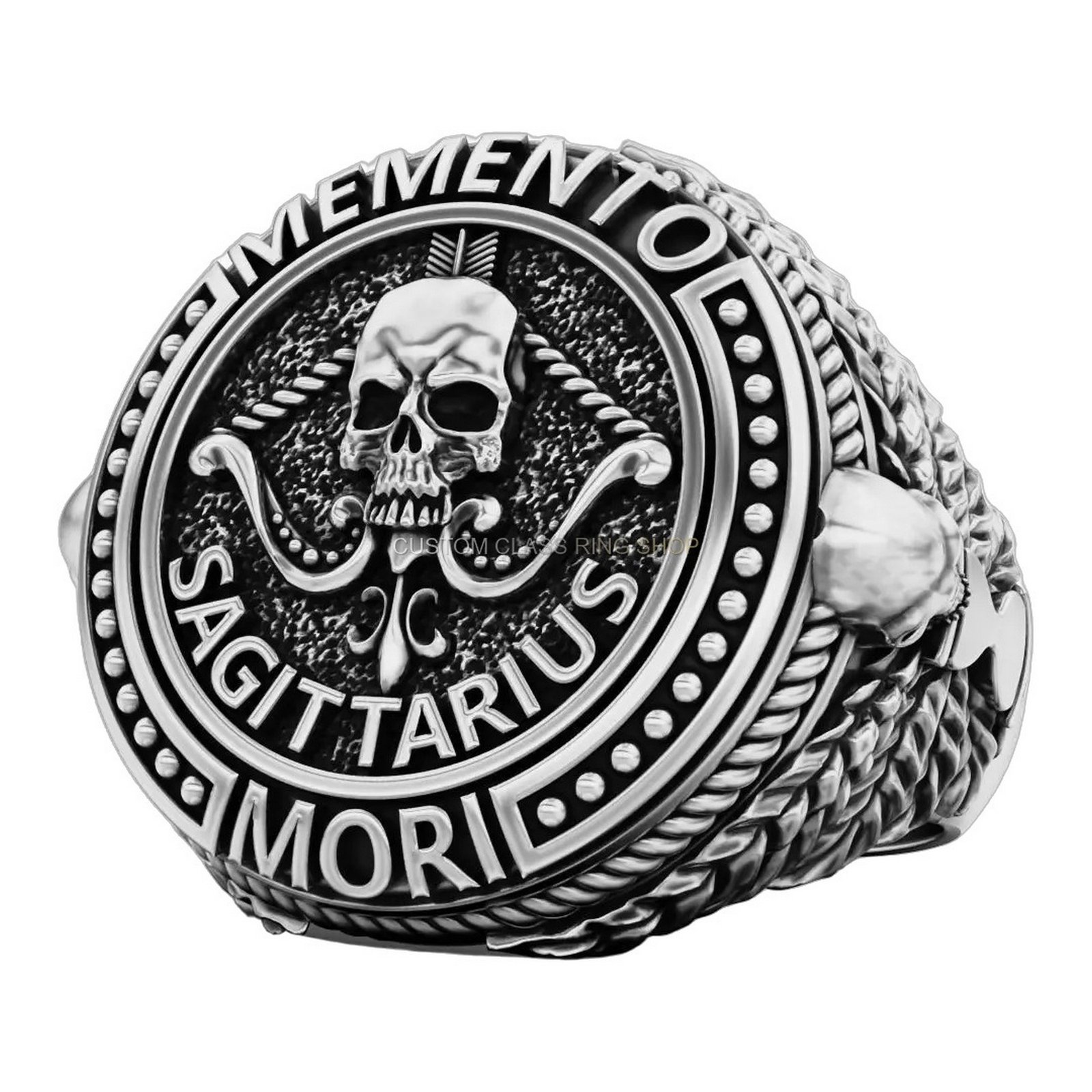 Men's sterling silver sagittarius skull ring with oxidized antique finish and rope border detail