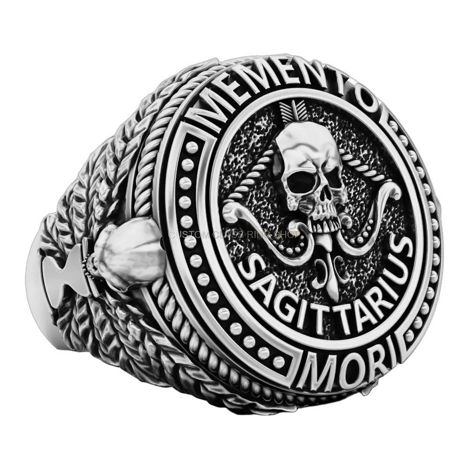 Men's sterling silver sagittarius skull ring with oxidized antique finish and rope border detail