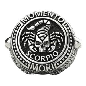 Mens 925 silver scorpio signet ring with skull crowned by pincers