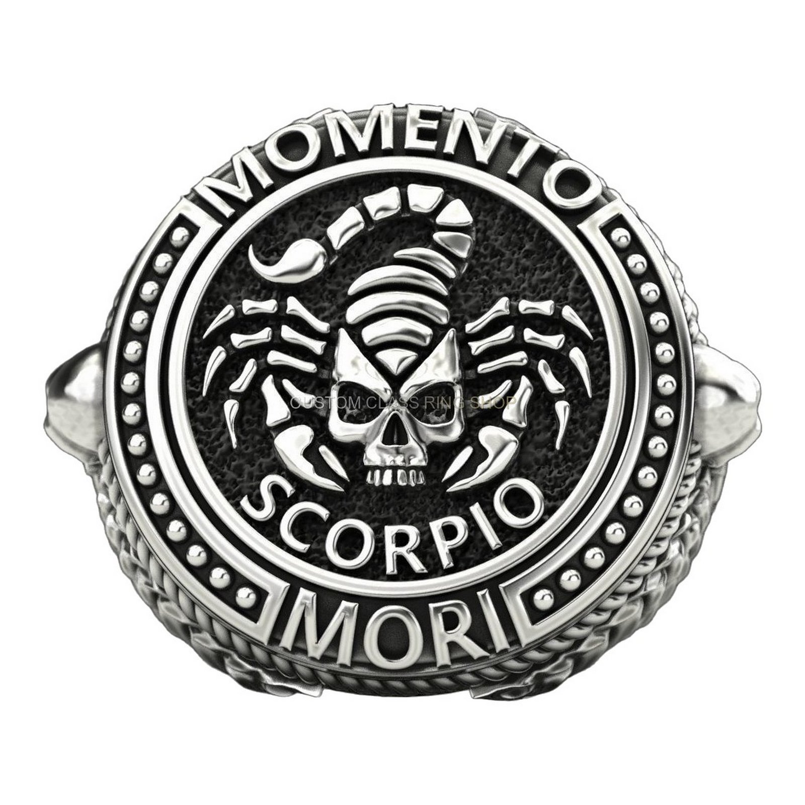 Mens 925 silver scorpio signet ring with skull crowned by pincers
