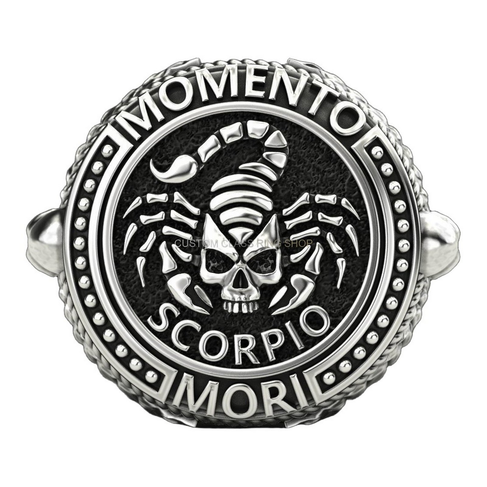 Mens 925 silver scorpio signet ring with skull crowned by pincers