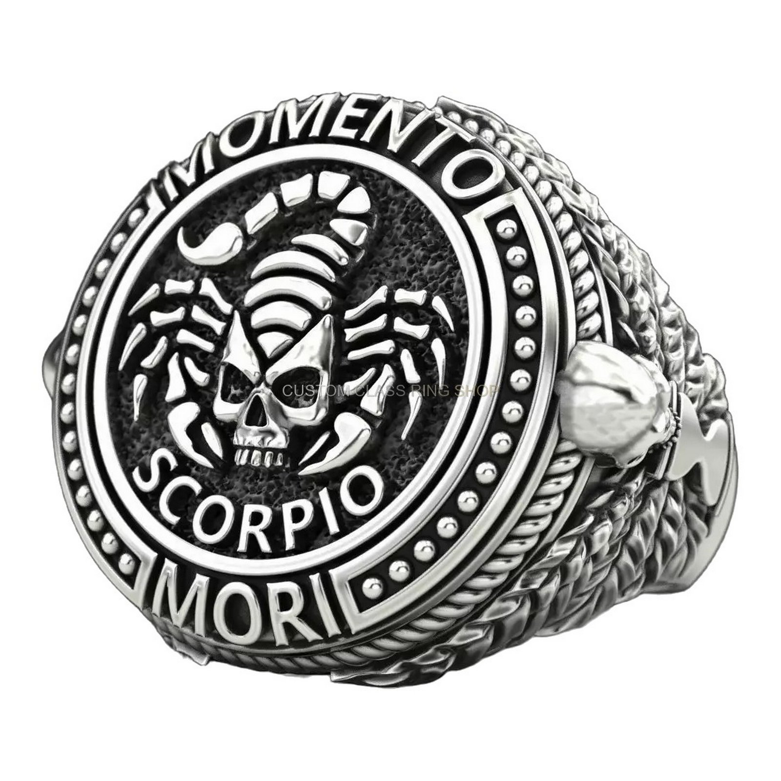 Mens 925 silver scorpio signet ring with skull crowned by pincers
