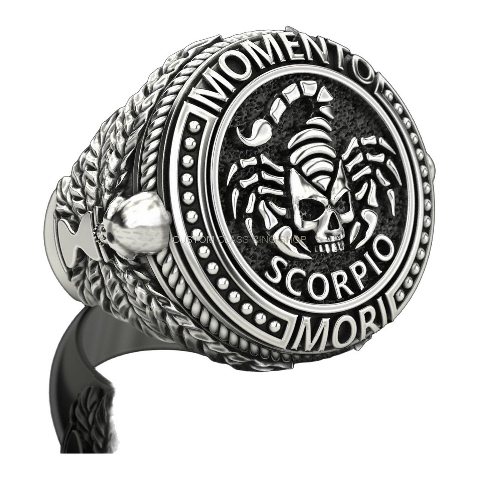 Mens 925 silver scorpio signet ring with skull crowned by pincers