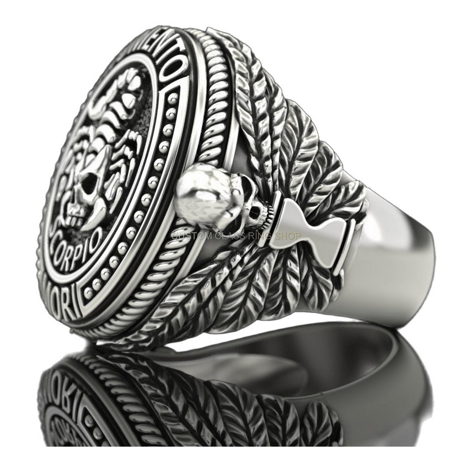 Mens 925 silver scorpio signet ring with skull crowned by pincers